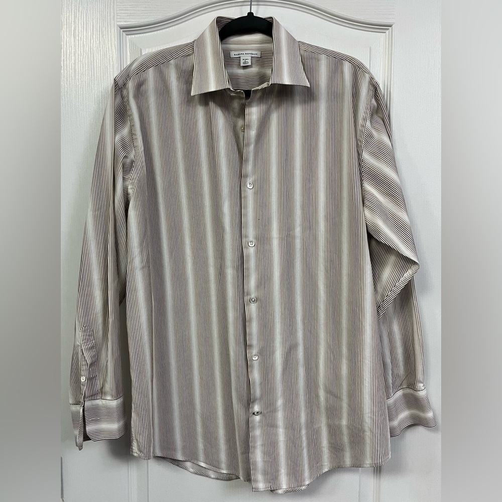 Banana Republic Men's Striped white and brown 100% Cotton Button-Up Shirt Lg